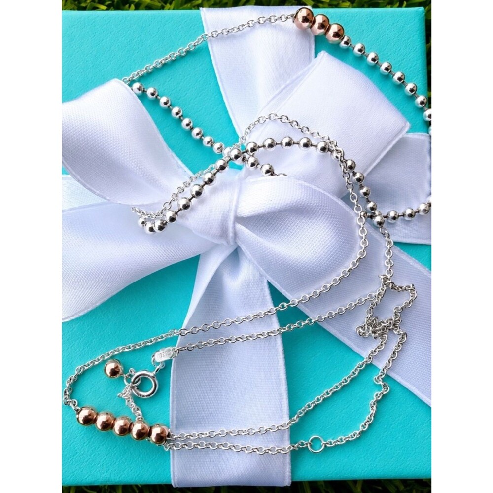 Tiffany & Co. Two Tone Mixed Bead Chain Silver Rose Gold 28-30”